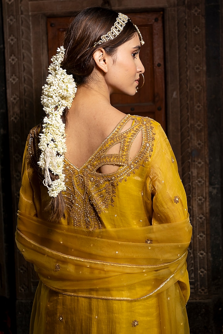 Yellow Chanderi Silk Tissue Cutdana Hand Embroidered Kurta Set by Farha Syed at Pernia's Pop Up Shop