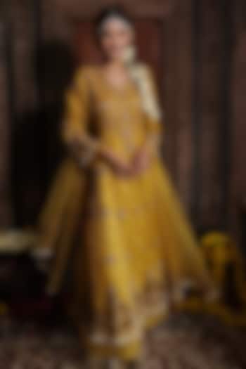 Yellow Chanderi Silk Tissue Cutdana Hand Embroidered Wedding Anarkali Set by Farha Syed at Pernia's Pop Up Shop