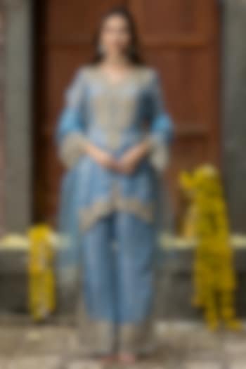 Blue Chanderi Silk Tissue Cutdana Embroidered Kurta Set by Farha Syed at Pernia's Pop Up Shop
