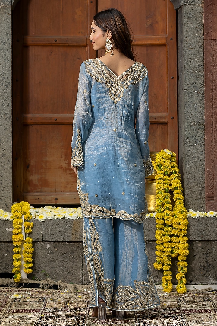 Blue Chanderi Silk Tissue Cutdana Embroidered Kurta Set by Farha Syed at Pernia's Pop Up Shop