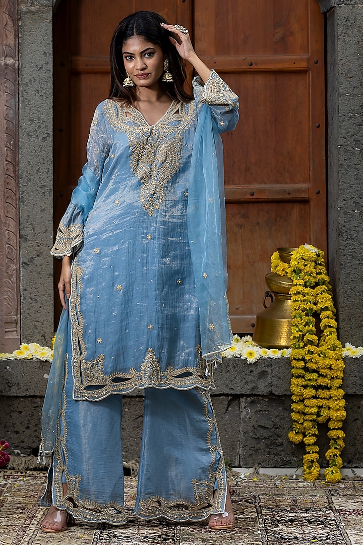 Blue Chanderi Silk Tissue Cutdana Embroidered Kurta Set by Farha Syed at Pernia's Pop Up Shop