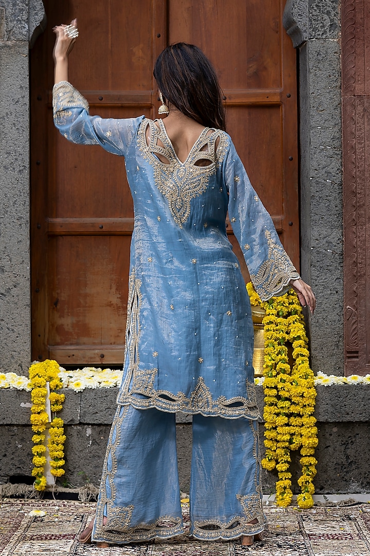 Blue Chanderi Silk Tissue Cutdana Embroidered Kurta Set by Farha Syed at Pernia's Pop Up Shop