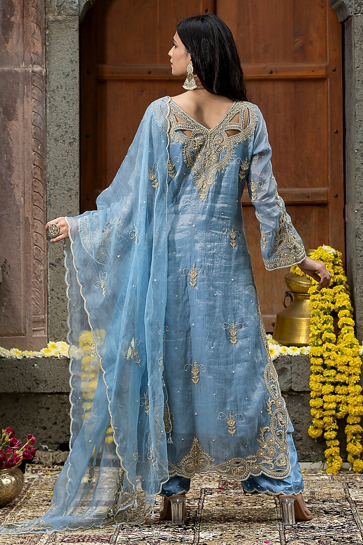 Blue Chanderi Silk Tissue Cutdana Embroidered Kurta Set by Farha Syed at Pernia's Pop Up Shop