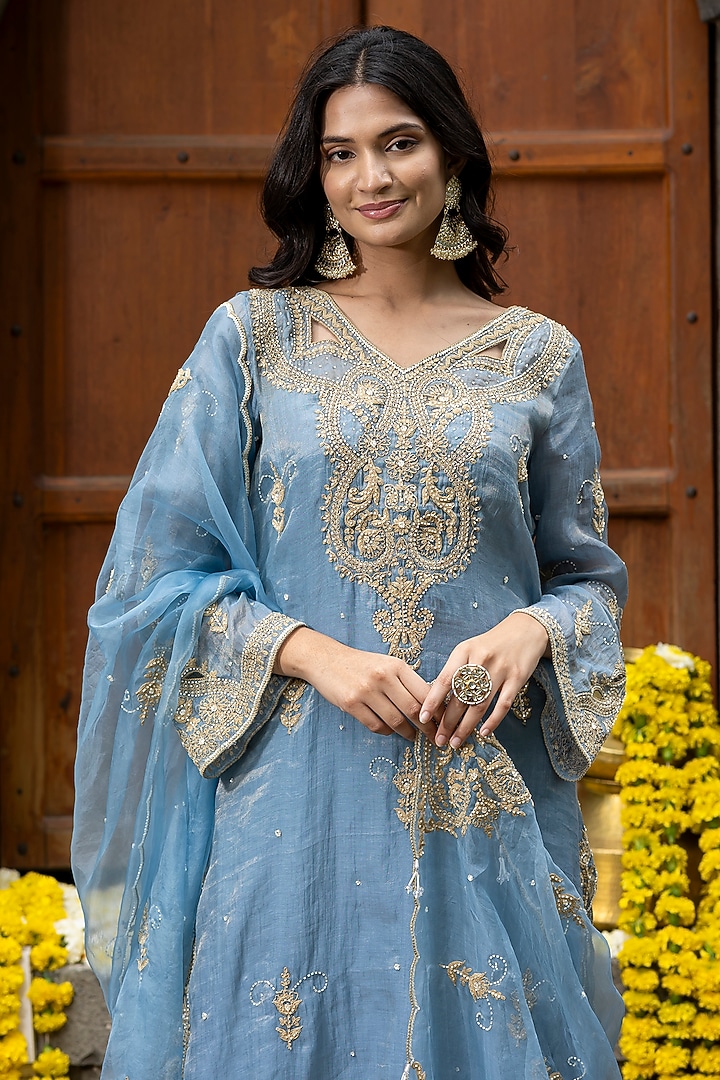 Blue Chanderi Silk Tissue Cutdana Embroidered Kurta Set by Farha Syed at Pernia's Pop Up Shop
