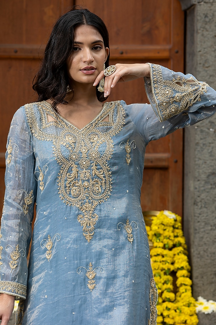 Blue Chanderi Silk Tissue Cutdana Embroidered Kurta Set by Farha Syed at Pernia's Pop Up Shop