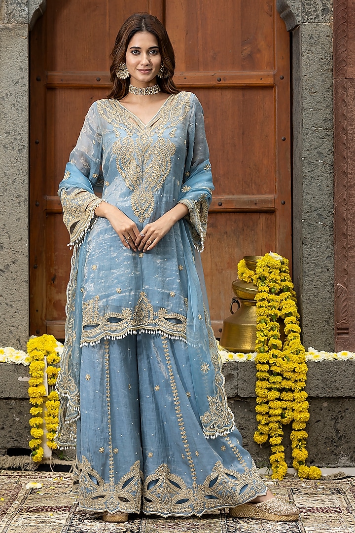 Blue Chanderi Silk Tissue Hand Embroidered Sharara Set by Farha Syed at Pernia's Pop Up Shop