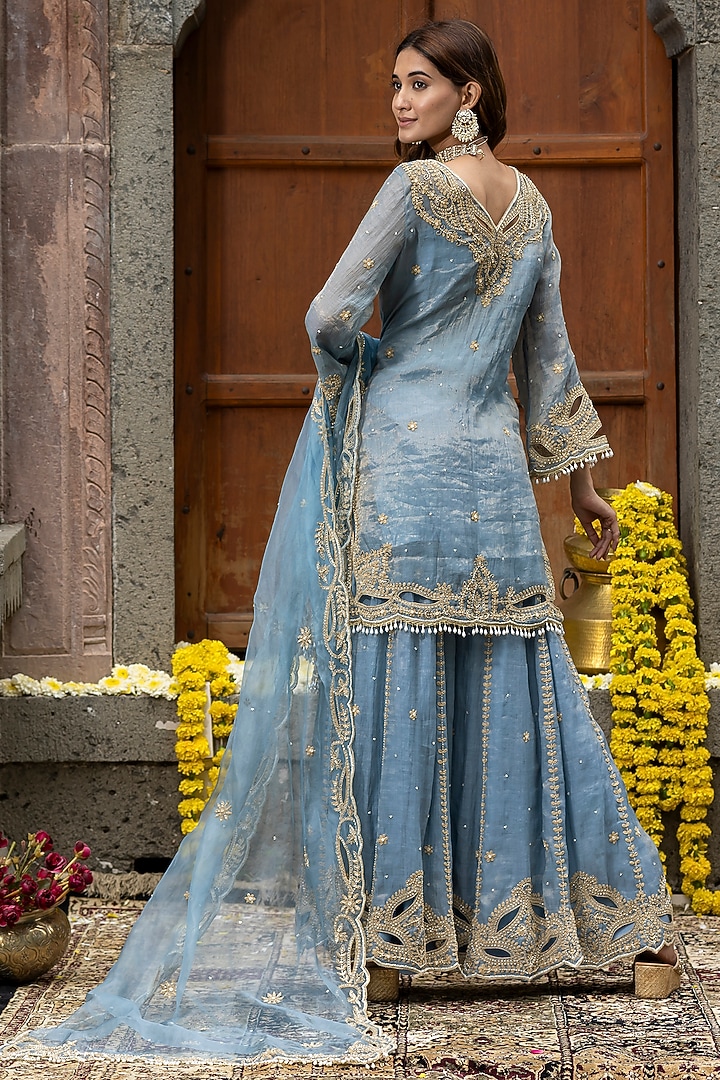 Blue Chanderi Silk Tissue Hand Embroidered Wedding Sharara Set by Farha Syed at Pernia's Pop Up Shop