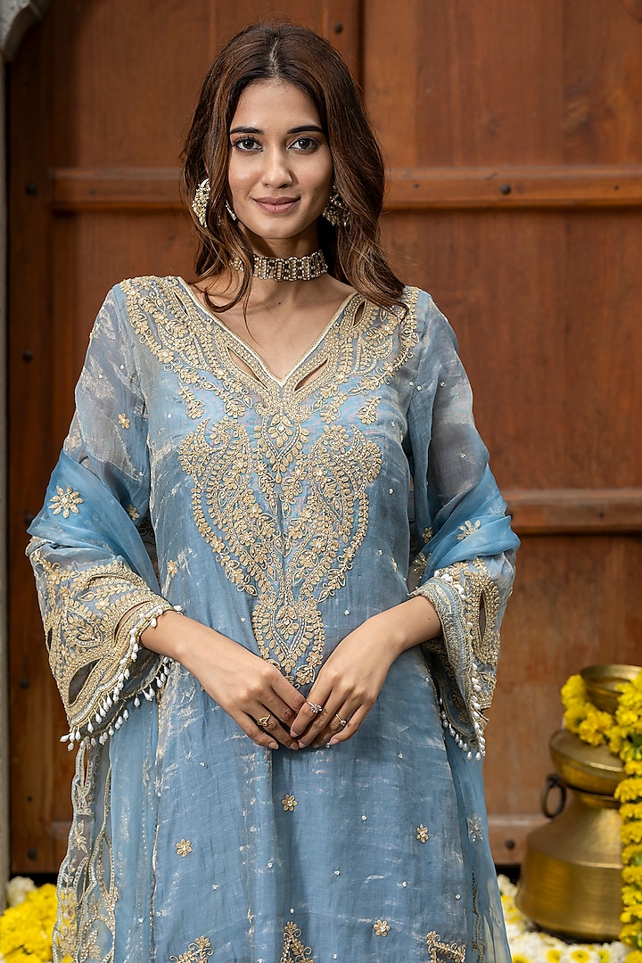 Blue Chanderi Silk Tissue Hand Embroidered Wedding Sharara Set by Farha Syed at Pernia's Pop Up Shop