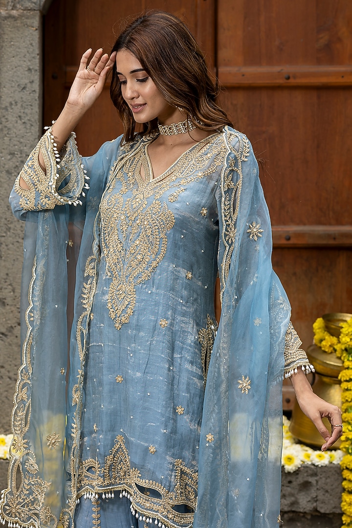 Blue Chanderi Silk Tissue Hand Embroidered Wedding Sharara Set by Farha Syed at Pernia's Pop Up Shop