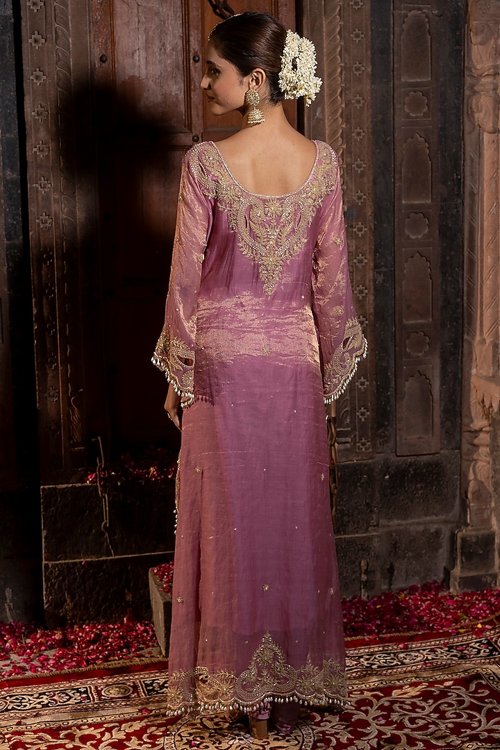 Pink Chanderi Silk Tissue Cutdana Hand Embroidered Kurta Set by Farha Syed at Pernia's Pop Up Shop