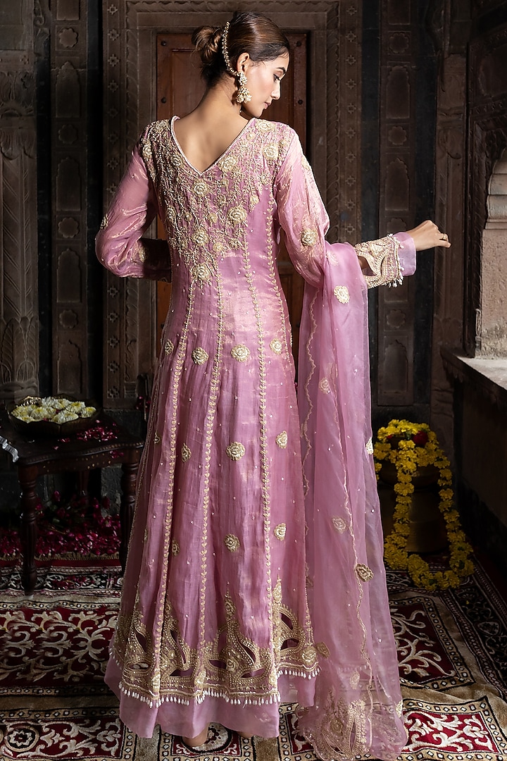 Pink Chanderi Silk Tissue Cutdana Hand Embroidered Wedding Anarkali Set by Farha Syed at Pernia's Pop Up Shop