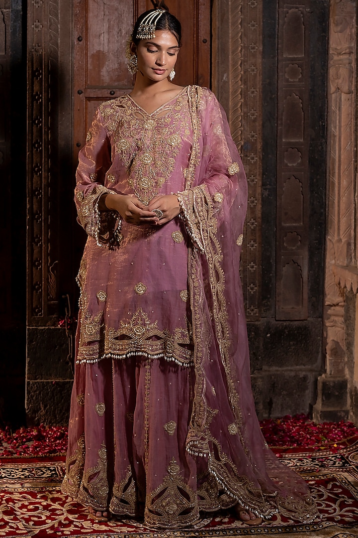 Pink Chanderi Silk Tissue Hand Embroidered Sharara Set by Farha Syed at Pernia's Pop Up Shop