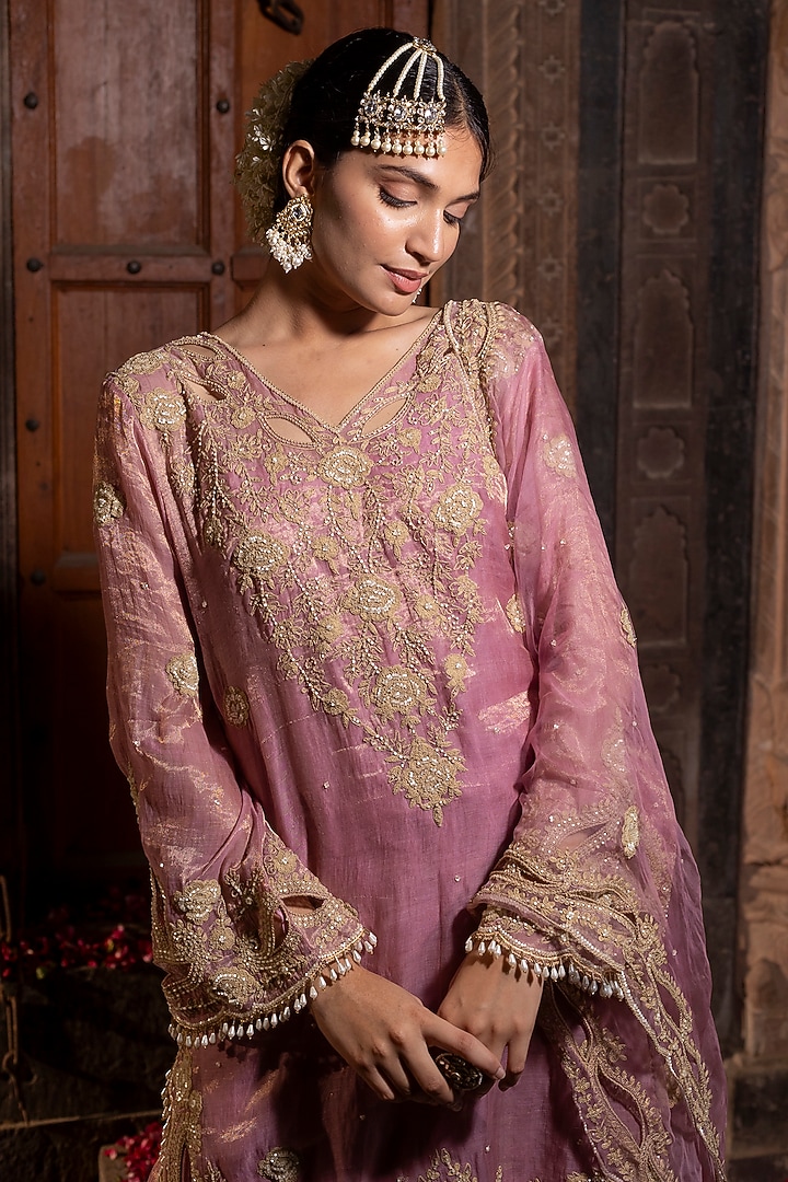 Pink Chanderi Silk Tissue Hand Embroidered Wedding Sharara Set by Farha Syed at Pernia's Pop Up Shop