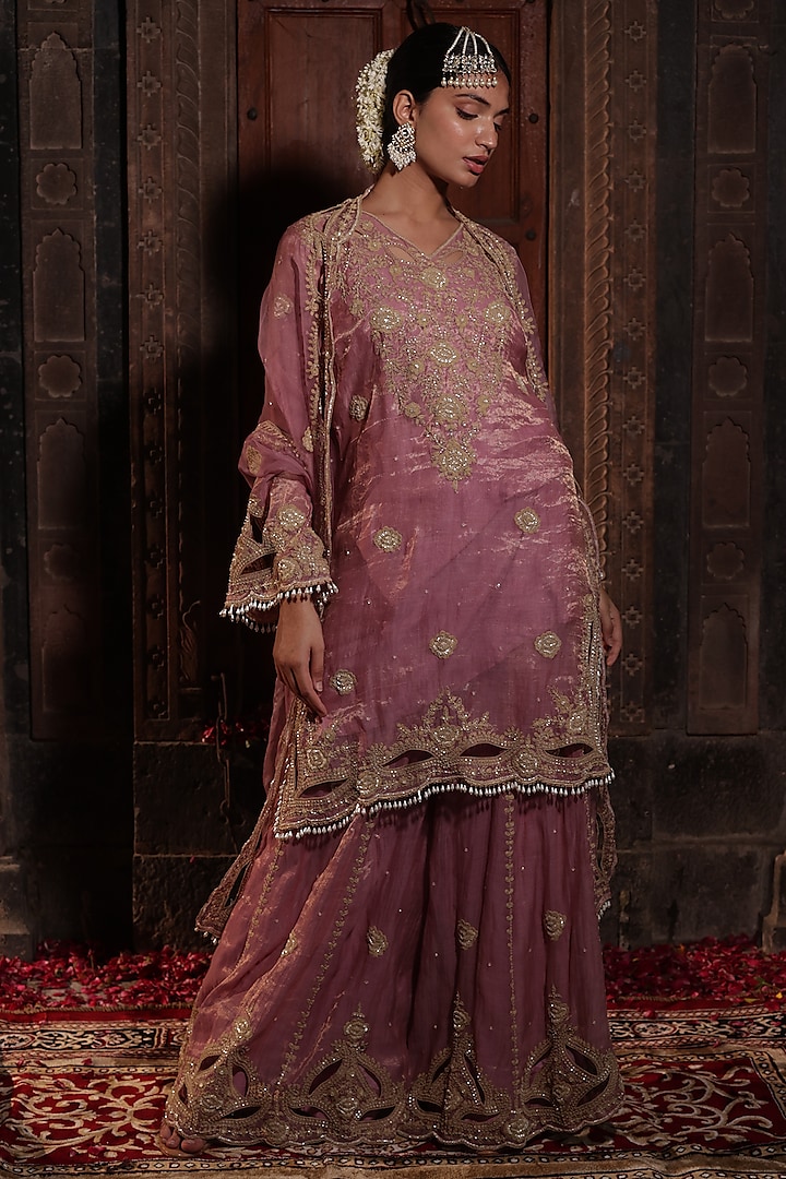 Pink Chanderi Silk Tissue Hand Embroidered Wedding Sharara Set by Farha Syed at Pernia's Pop Up Shop