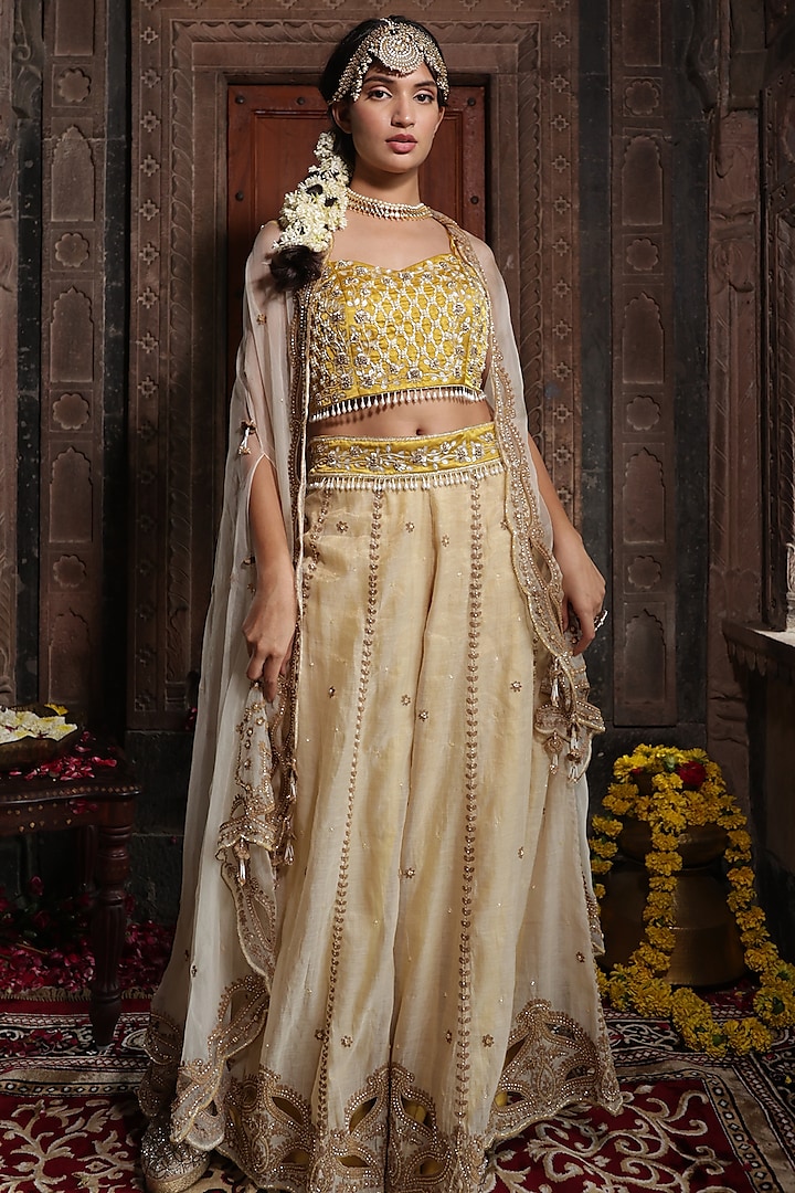 Beige Chanderi Silk Tissue Hand Embroidered Sharara Set by Farha Syed at Pernia's Pop Up Shop