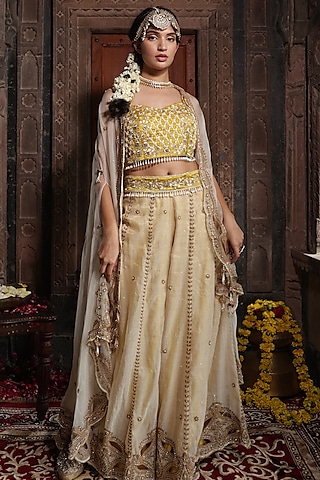 Beige Chanderi Silk Tissue Hand Embroidered Sharara Set by Farha Syed