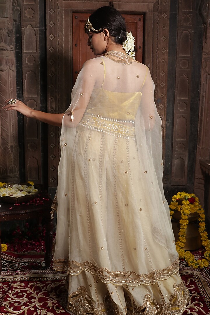 Beige Chanderi Silk Tissue Hand Embroidered Wedding Sharara Set by Farha Syed at Pernia's Pop Up Shop