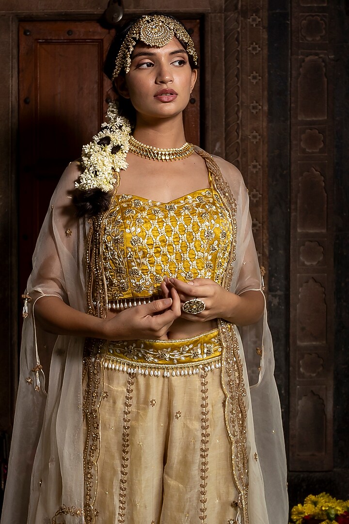 Beige Chanderi Silk Tissue Hand Embroidered Wedding Sharara Set by Farha Syed at Pernia's Pop Up Shop