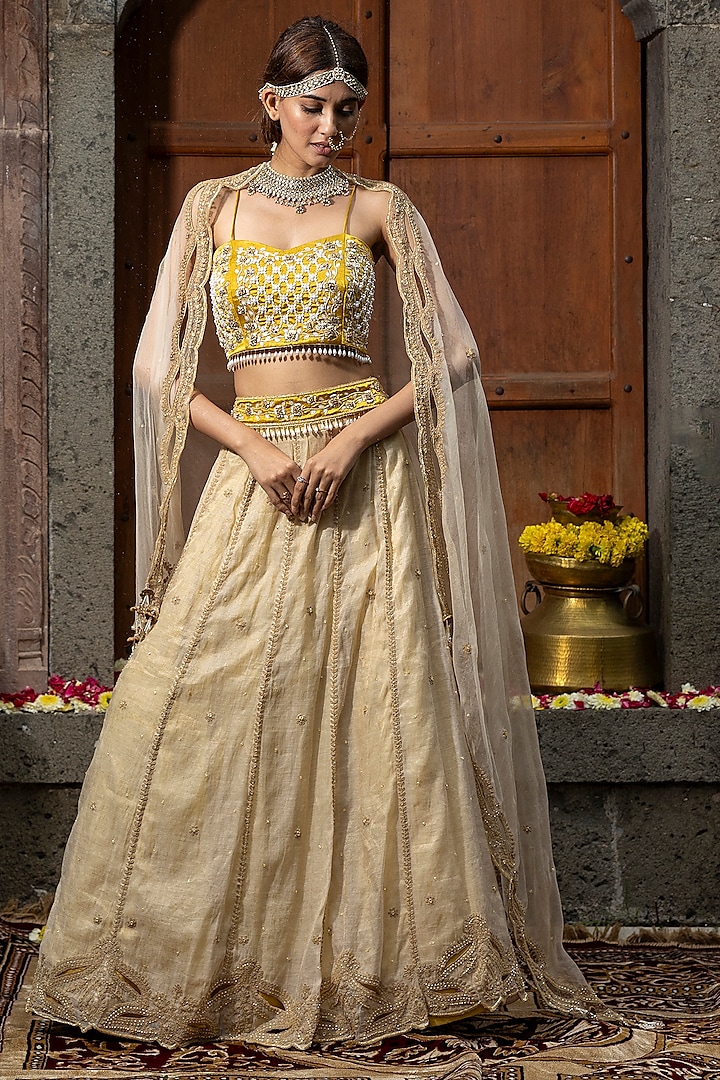 Beige Chanderi Silk Tissue Cutdana Hand Embroidered Wedding Lehenga Set by Farha Syed at Pernia's Pop Up Shop