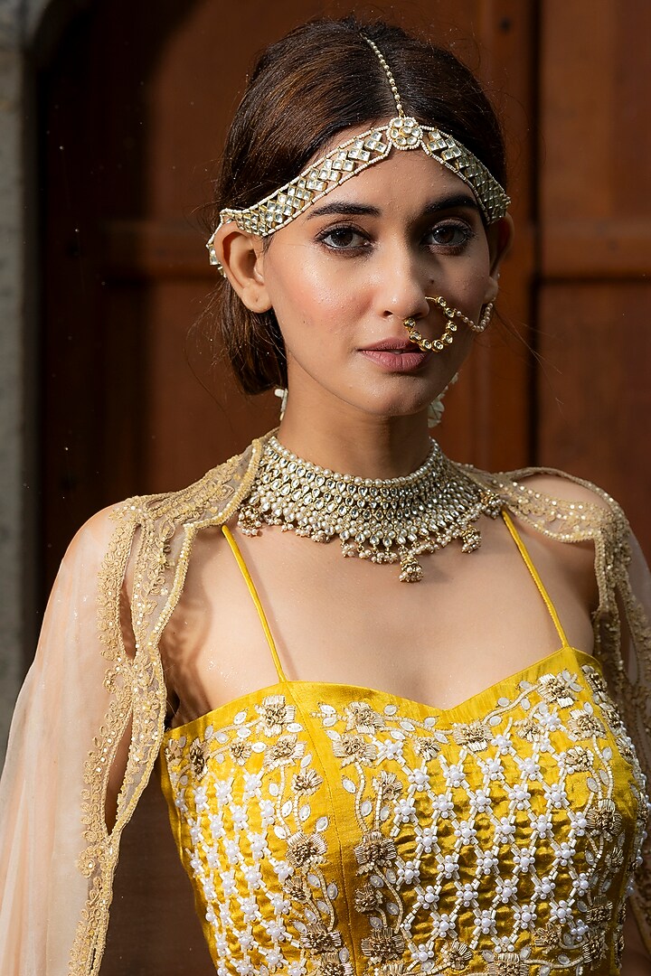 Beige Chanderi Silk Tissue Cutdana Hand Embroidered Wedding Lehenga Set by Farha Syed at Pernia's Pop Up Shop