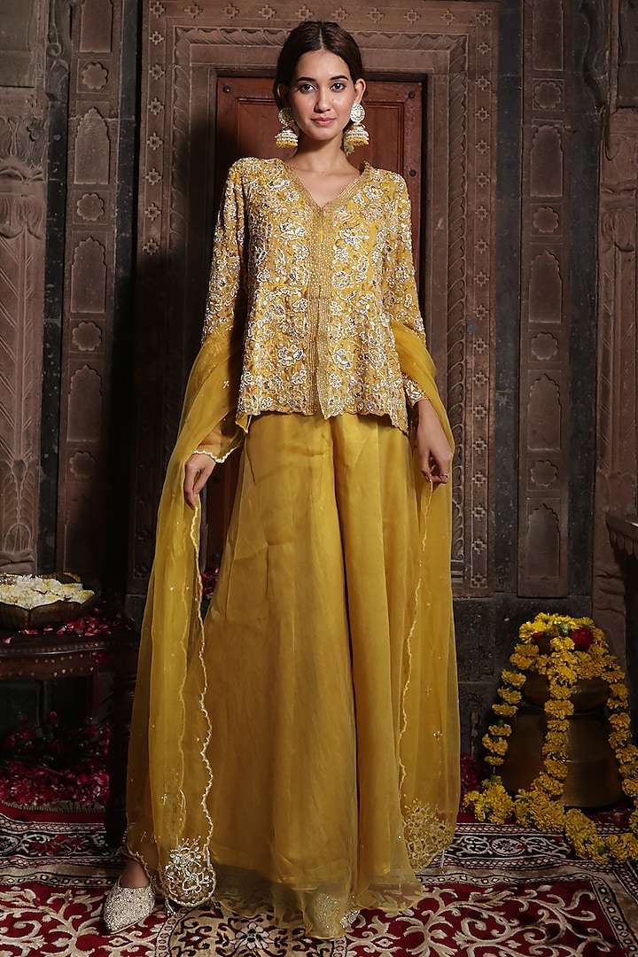 Yellow Chanderi Silk Tissue Sharara Set by Farha Syed at Pernia's Pop Up Shop