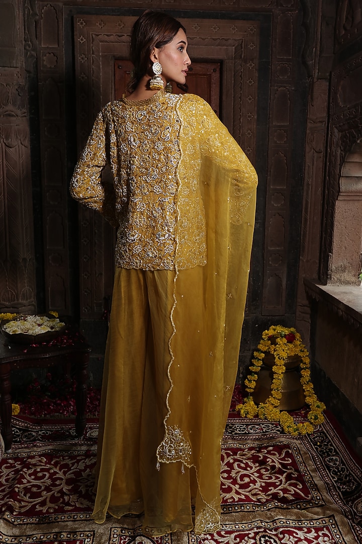 Yellow Chanderi Silk Tissue Wedding Sharara Set by Farha Syed at Pernia's Pop Up Shop