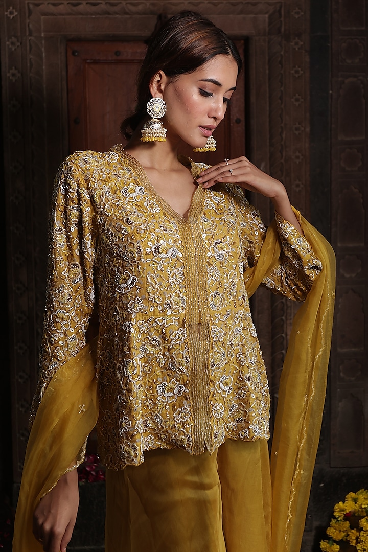 Yellow Chanderi Silk Tissue Wedding Sharara Set by Farha Syed at Pernia's Pop Up Shop