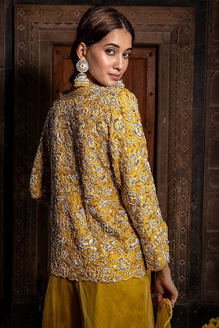 Yellow Chanderi Silk Tissue Wedding Sharara Set by Farha Syed at Pernia's Pop Up Shop