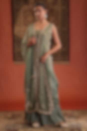 Mint Green Chanderi Silk Tissue Hand Embroidered Kurta Set by Farha Syed at Pernia's Pop Up Shop