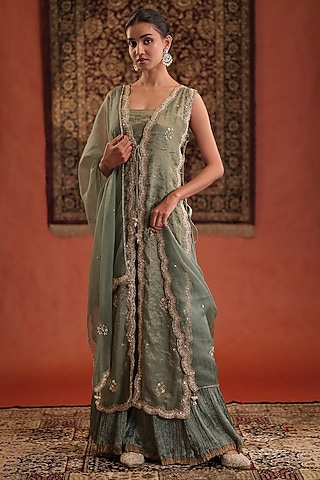 Mint Green Chanderi Silk Tissue Hand Embroidered Kurta Set by Farha Syed