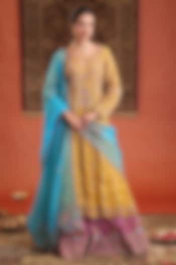 Yellow Chanderi Silk Tissue Hand Embroidered Bridal Anarkali Set by Farha Syed at Pernia's Pop Up Shop