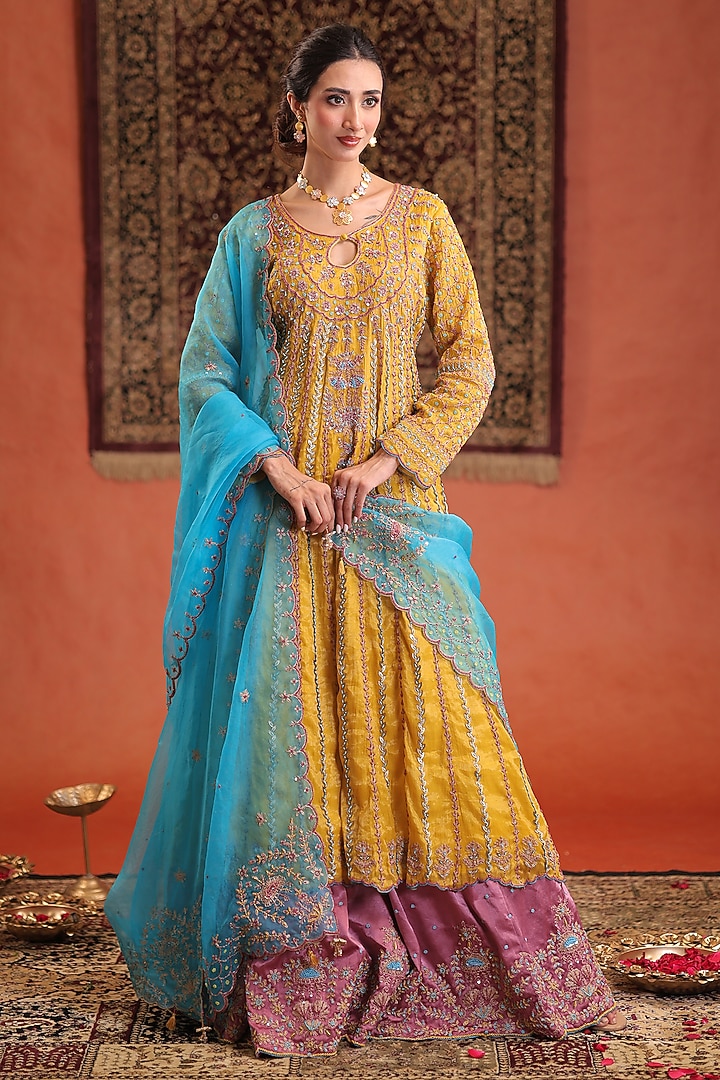 Yellow Chanderi Silk Tissue Hand Embroidered Bridal Anarkali Set by Farha Syed at Pernia's Pop Up Shop