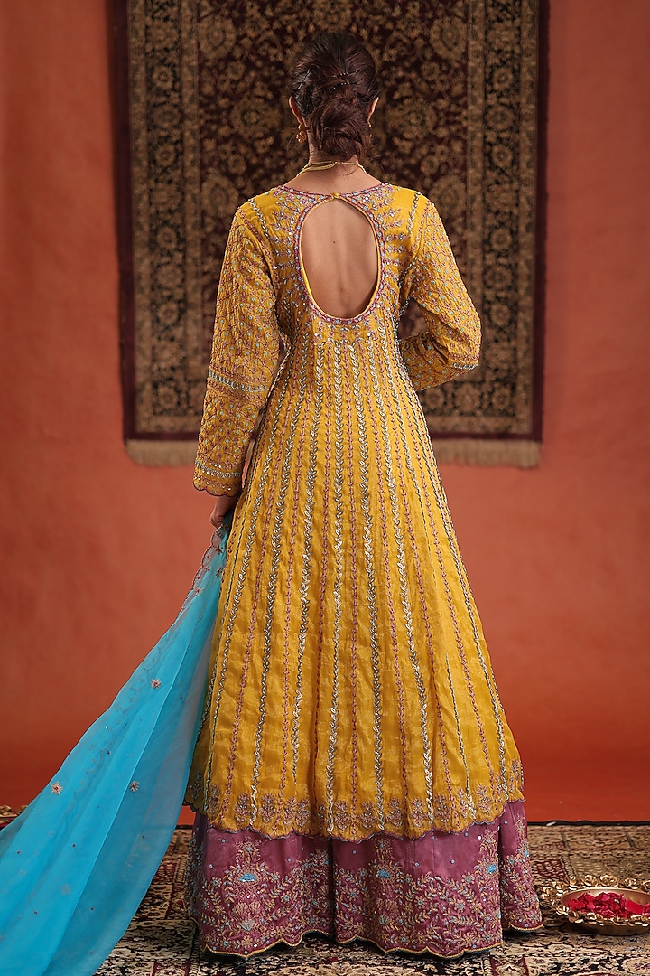 Yellow Chanderi Silk Tissue Hand Embroidered Bridal Anarkali Set by Farha Syed at Pernia's Pop Up Shop