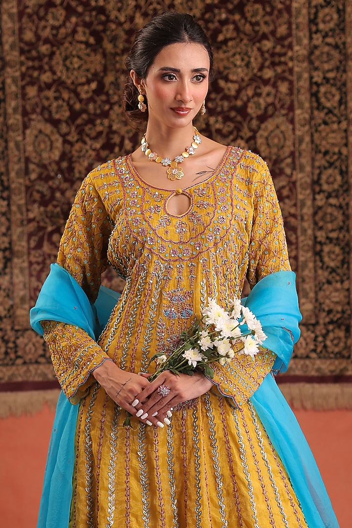 Yellow Chanderi Silk Tissue Hand Embroidered Bridal Anarkali Set by Farha Syed at Pernia's Pop Up Shop