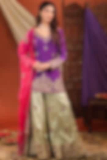 Pistachio Green Gajji Satin Silk Wedding Sharara Set by Farha Syed at Pernia's Pop Up Shop