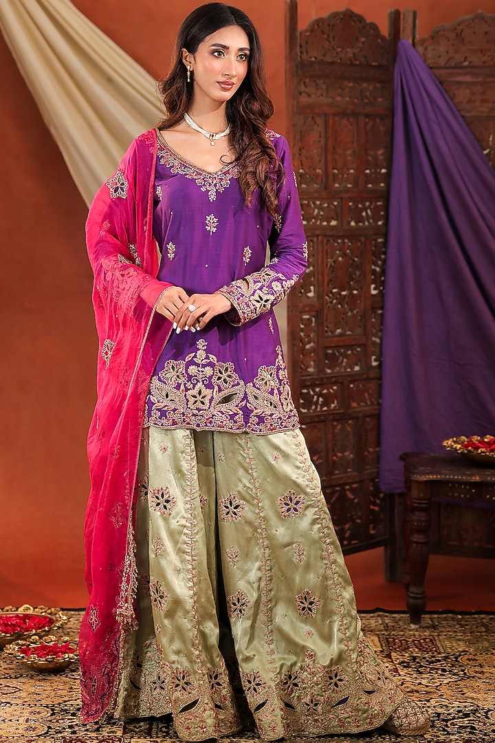 Pistachio Green Gajji Satin Silk Wedding Sharara Set by Farha Syed at Pernia's Pop Up Shop