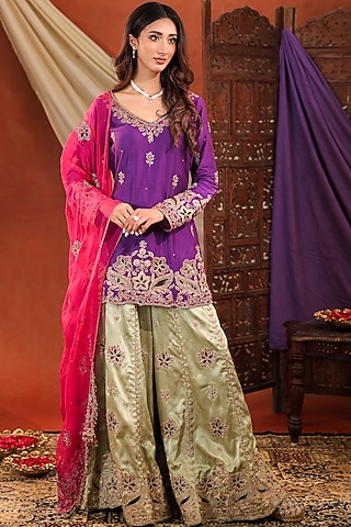 Pistachio Green Gajji Satin Silk Sharara Set by Farha Syed