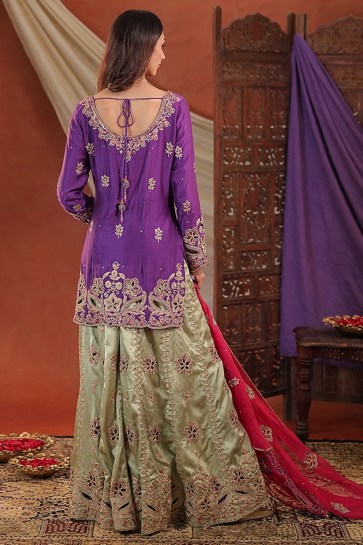 Pistachio Green Gajji Satin Silk Wedding Sharara Set by Farha Syed at Pernia's Pop Up Shop