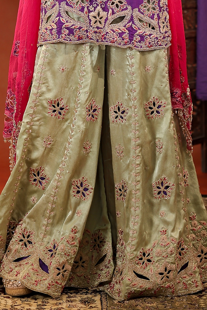 Pistachio Green Gajji Satin Silk Wedding Sharara Set by Farha Syed at Pernia's Pop Up Shop