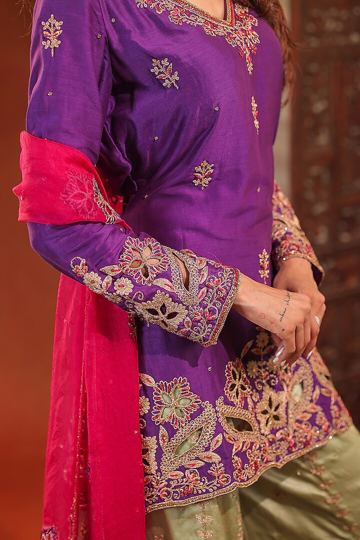 Pistachio Green Gajji Satin Silk Wedding Sharara Set by Farha Syed at Pernia's Pop Up Shop