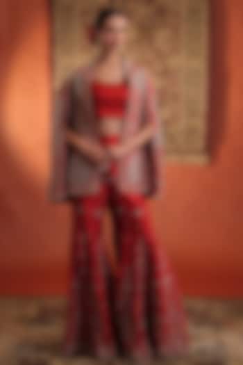 Red Silk Hand Embroidered Cape Set by Farha Syed at Pernia's Pop Up Shop