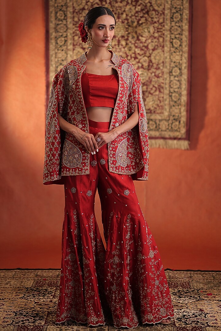 Red Silk Hand Embroidered Cape Set by Farha Syed at Pernia's Pop Up Shop