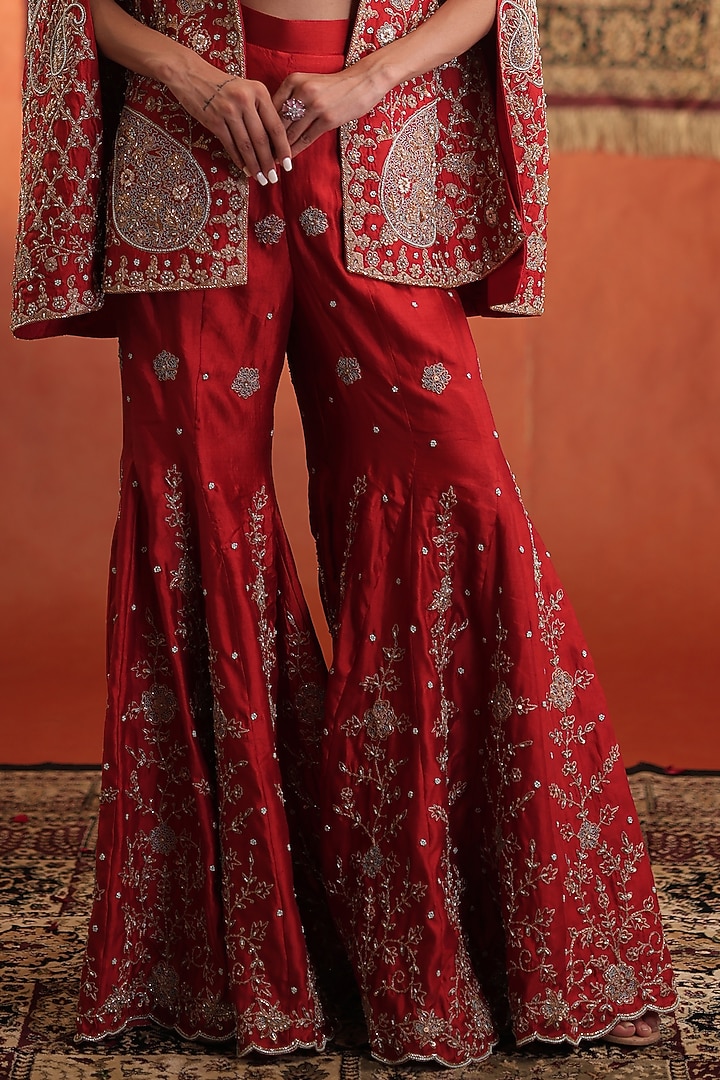 Red Silk Hand Embroidered Cape Set by Farha Syed at Pernia's Pop Up Shop