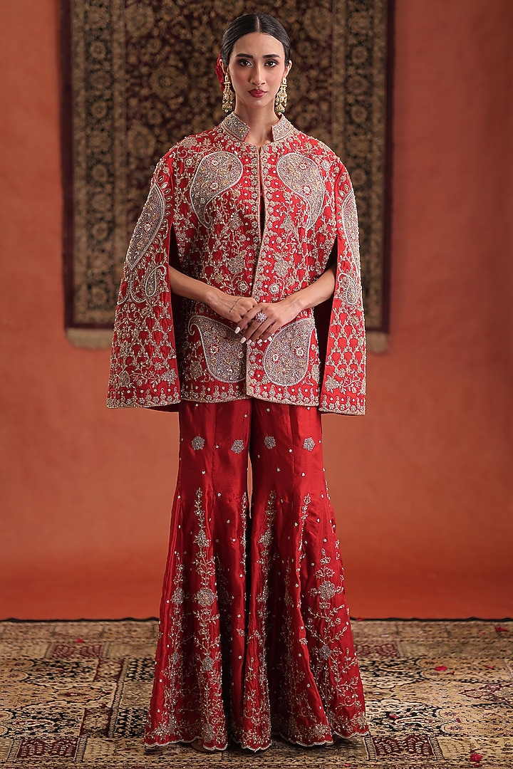 Red Silk Hand Embroidered Cape Set by Farha Syed at Pernia's Pop Up Shop