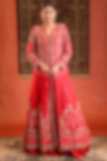 Red Silk Hand Embroidered Jacket Set by Farha Syed at Pernia's Pop Up Shop