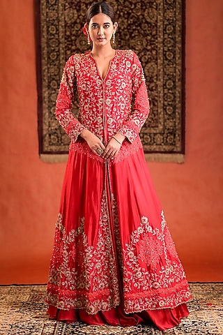 Red Silk Hand Embroidered Jacket Set by Farha Syed