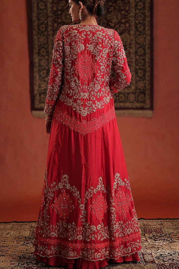 Red Silk Hand Embroidered Jacket Set by Farha Syed at Pernia's Pop Up Shop