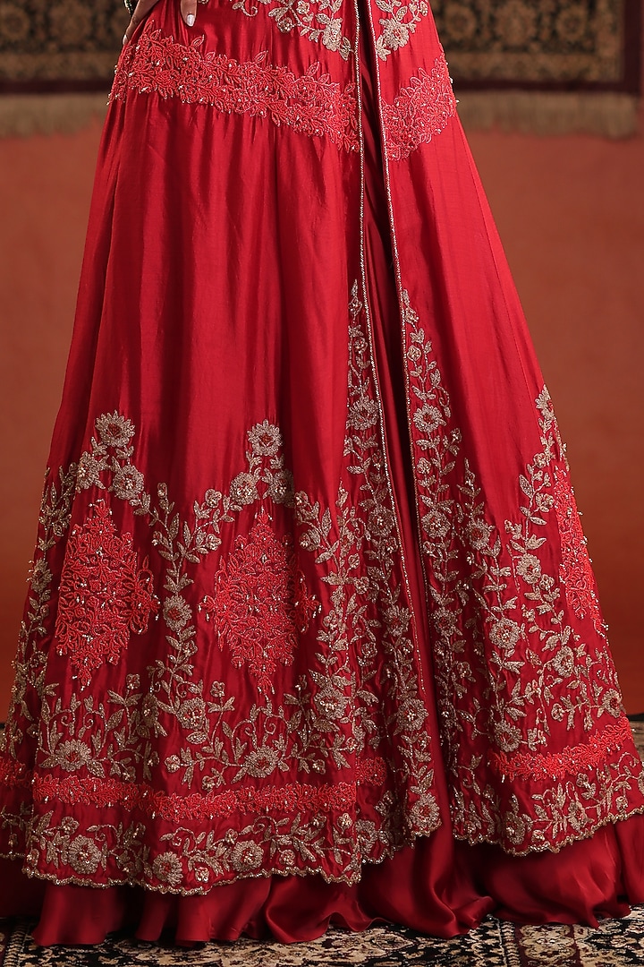 Red Silk Hand Embroidered Jacket Set by Farha Syed at Pernia's Pop Up Shop