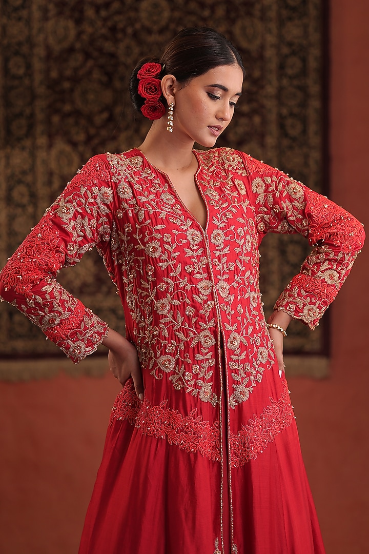 Red Silk Hand Embroidered Jacket Set by Farha Syed at Pernia's Pop Up Shop