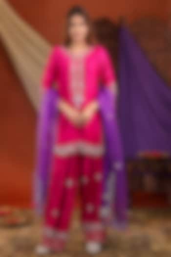 Magenta Pink Silk Zardosi Hand Embroidered Wedding Sharara Set by Farha Syed at Pernia's Pop Up Shop